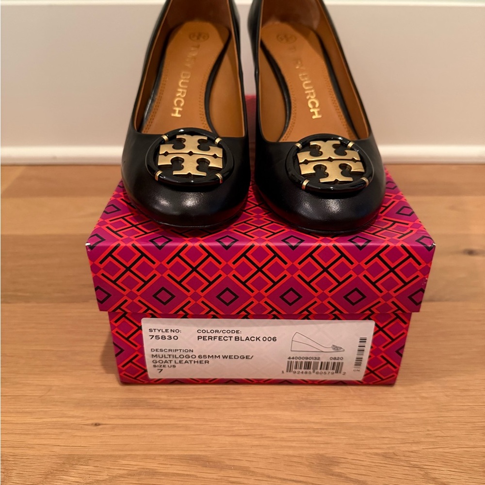Tory Burch Black Leather Multilogo 65mm Wedge Shoes